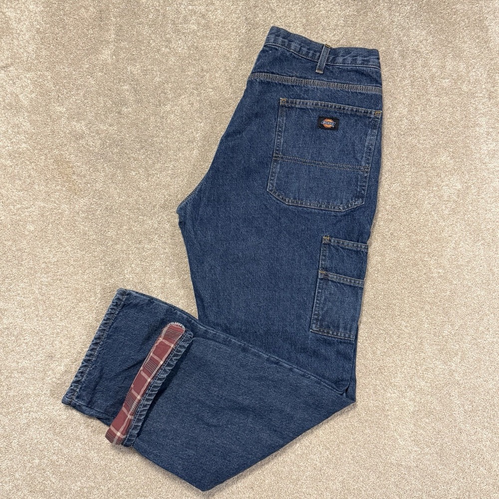 Dickies Flannel Lined Jeans Carpenter Pocket Men's 38x32 Blue Relaxed Fit Work